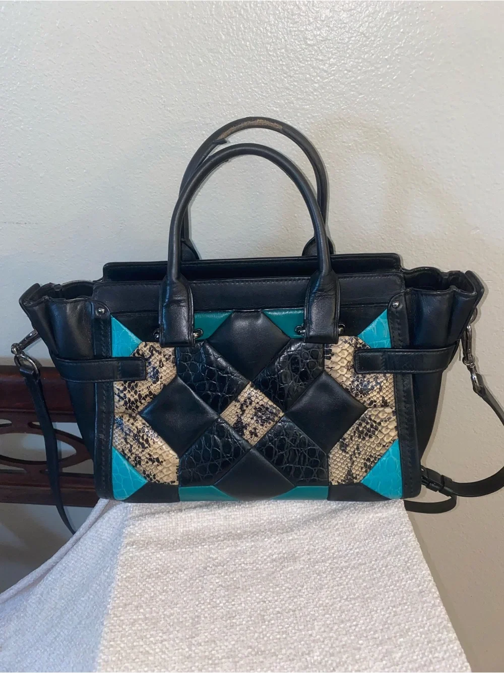 Coach Swagger 27 Carryall Quilt Leather Satchel Crossbody Bag Black Turquoise